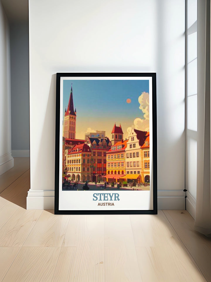 Custom print of Bummerlhaus, Steyr, Austria, emphasizing the detailed stonework and Gothic elements that define this iconic structure. Perfect for adding a sense of history and elegance to any room, this artwork celebrates the beauty and history of Austria.