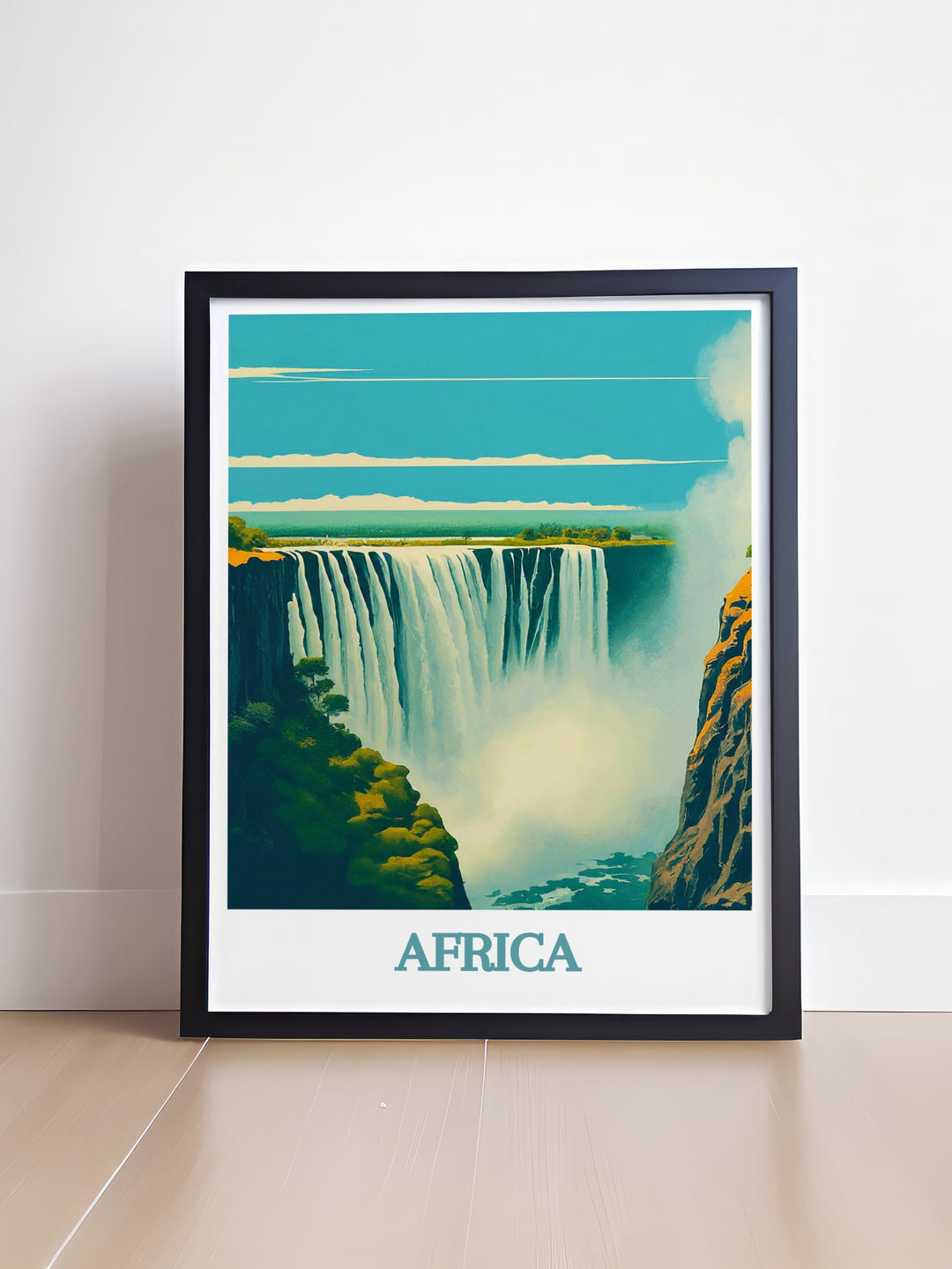 Africa Travel Poster featuring the serene landscapes of Bwindi Impenetrable Forest and the powerful Victoria Falls ideal for those who love exploring diverse environments and cultural landmarks