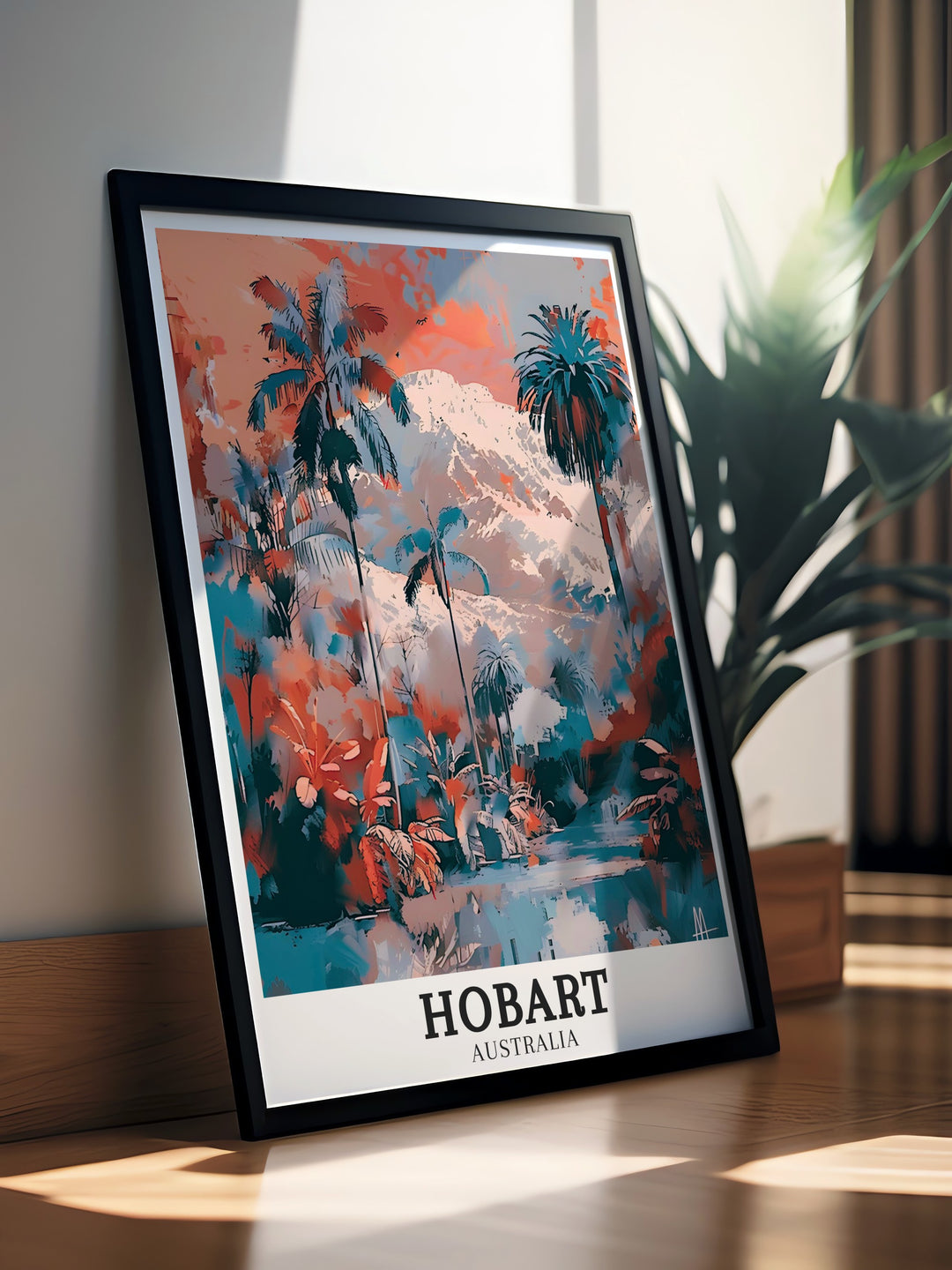 Captivating Australia wall print featuring the Royal Tasmanian Botanical Gardens with the rugged Mount Wellington in the distance. The artwork reflects Hobarts unique blend of botanical beauty and wilderness, making it a timeless Australia souvenir