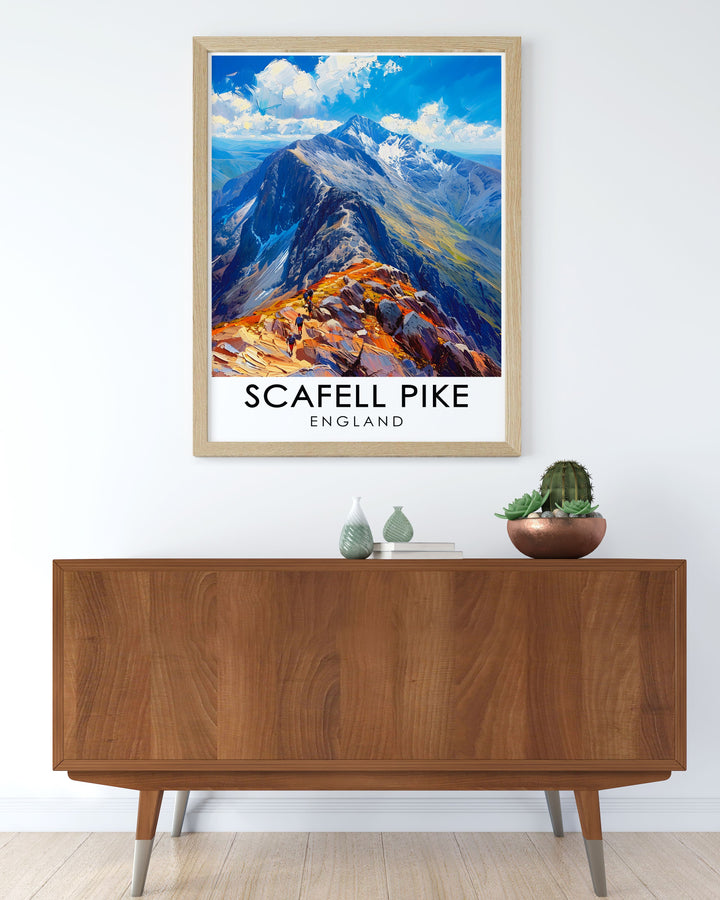 This Scafell Pike print brings the stunning summit of Englands highest mountain into your home. The Lake Districts rugged terrain is portrayed with beautiful detail, making this art print a thoughtful gift for anyone who loves hiking or exploring England.