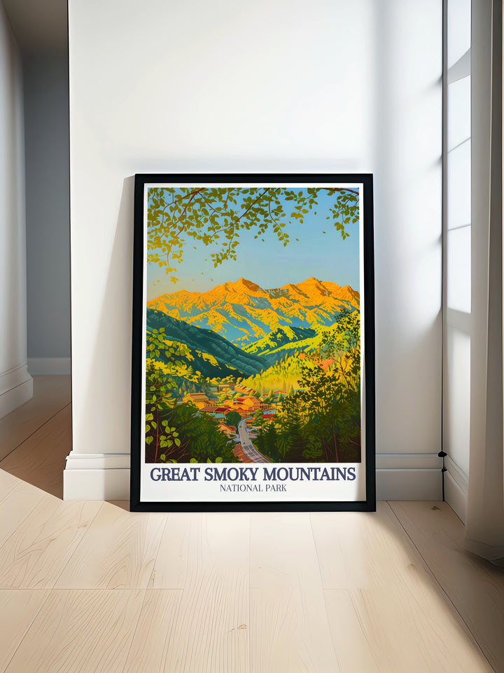 A canvas art print of Gatlinburg and the Smoky Mountains, capturing the vibrant greens and misty peaks of this national treasure.