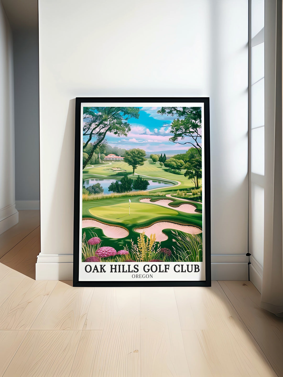 Featuring the serene landscape of Oak Hills Golf Club in Sutherlin, Oregon, this travel poster showcases the 18 hole course and Club House in stunning detail. Ideal for golf enthusiasts, it adds a touch of sophistication and outdoor beauty to any space.