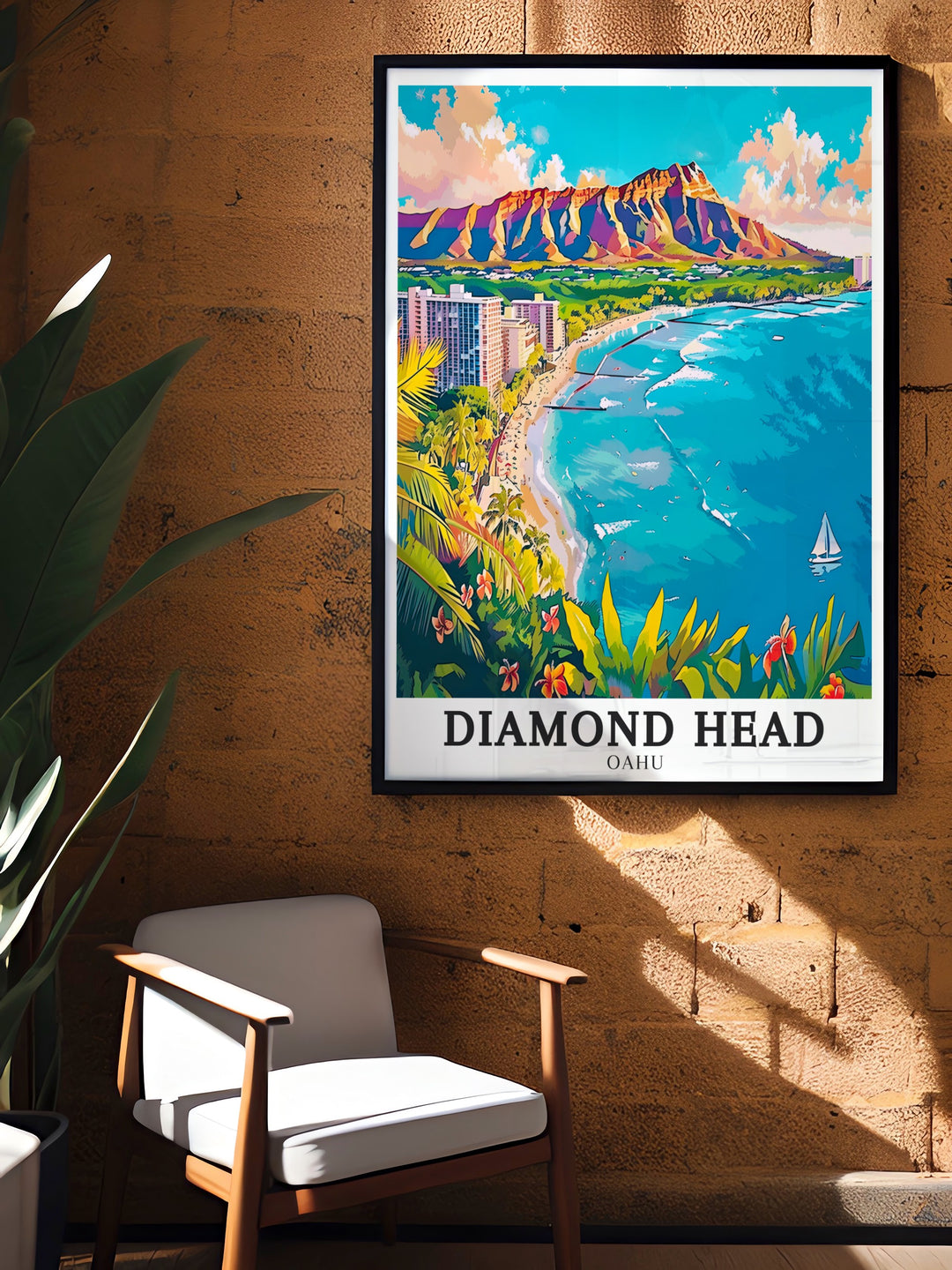 This travel print perfectly captures the beauty of Diamond Head and Waikiki Crater, two of Hawaiis most renowned landmarks. Its a must have for those who want to add a touch of Hawaiian flair to their home or office, combining the volcanic landscape with the tranquil beach setting that makes Hawaii famous.