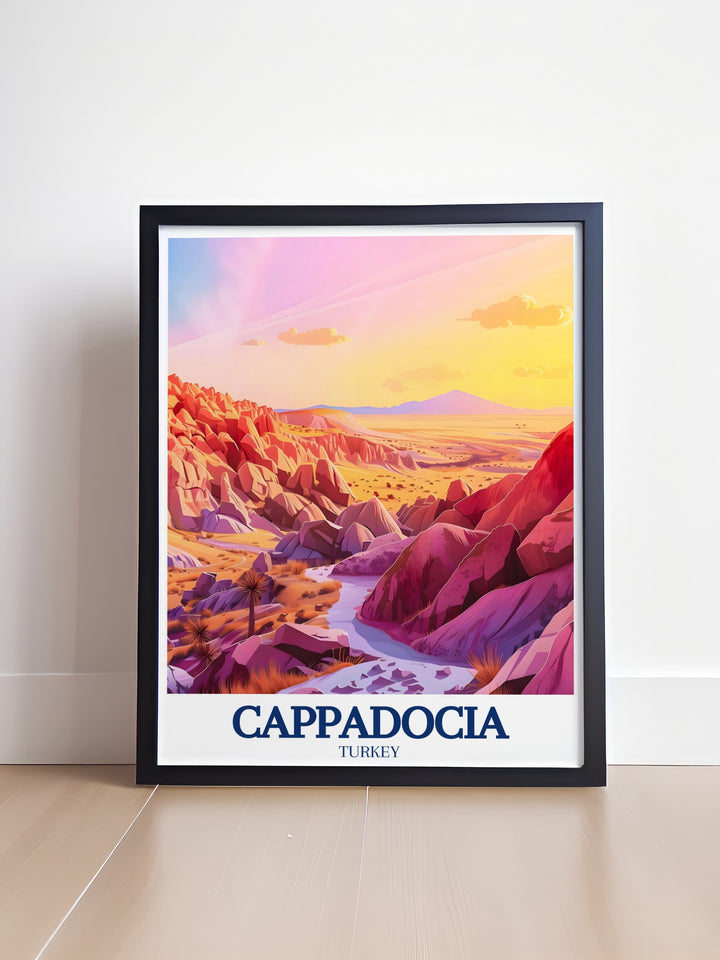 The Valley of the Roses and Rose & Red Valley are showcased in this stunning Cappadocia art print, perfect for bringing a touch of adventure and natural beauty to your home. Ideal for travel lovers and nature enthusiasts alike.