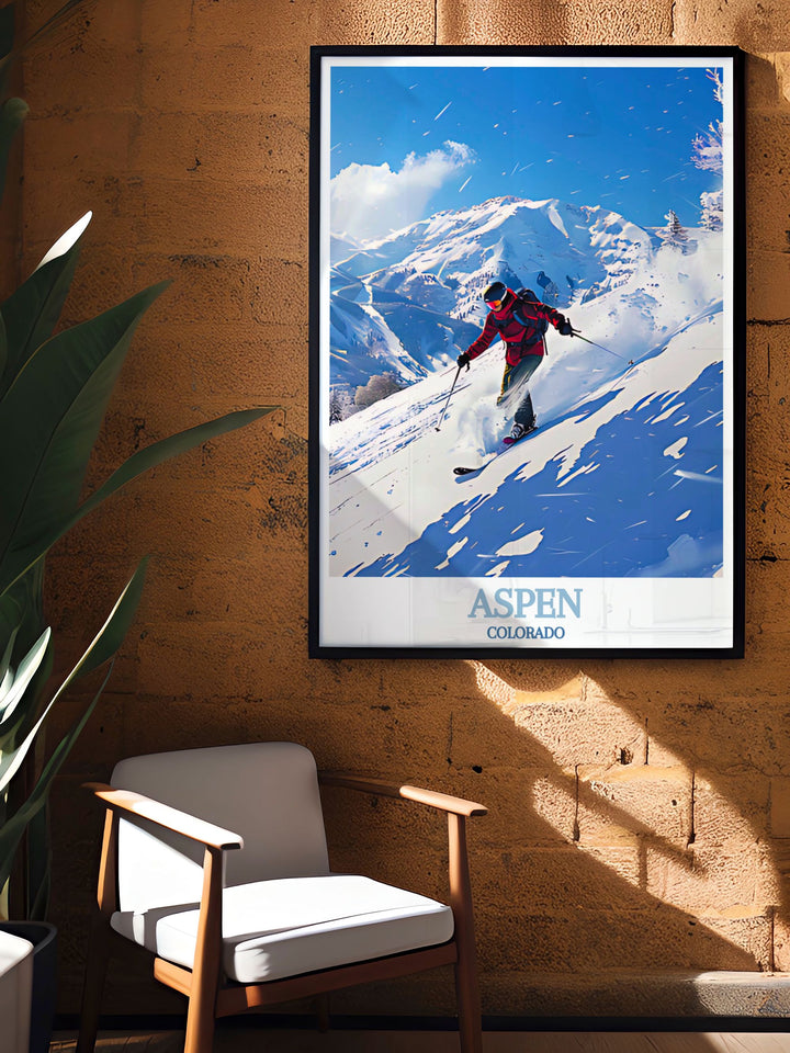 Experience the beauty of the Rocky Mountains with this detailed art print of Aspen Highlands, showcasing its pristine wilderness and advanced ski terrain. Perfect for adventure seekers.
