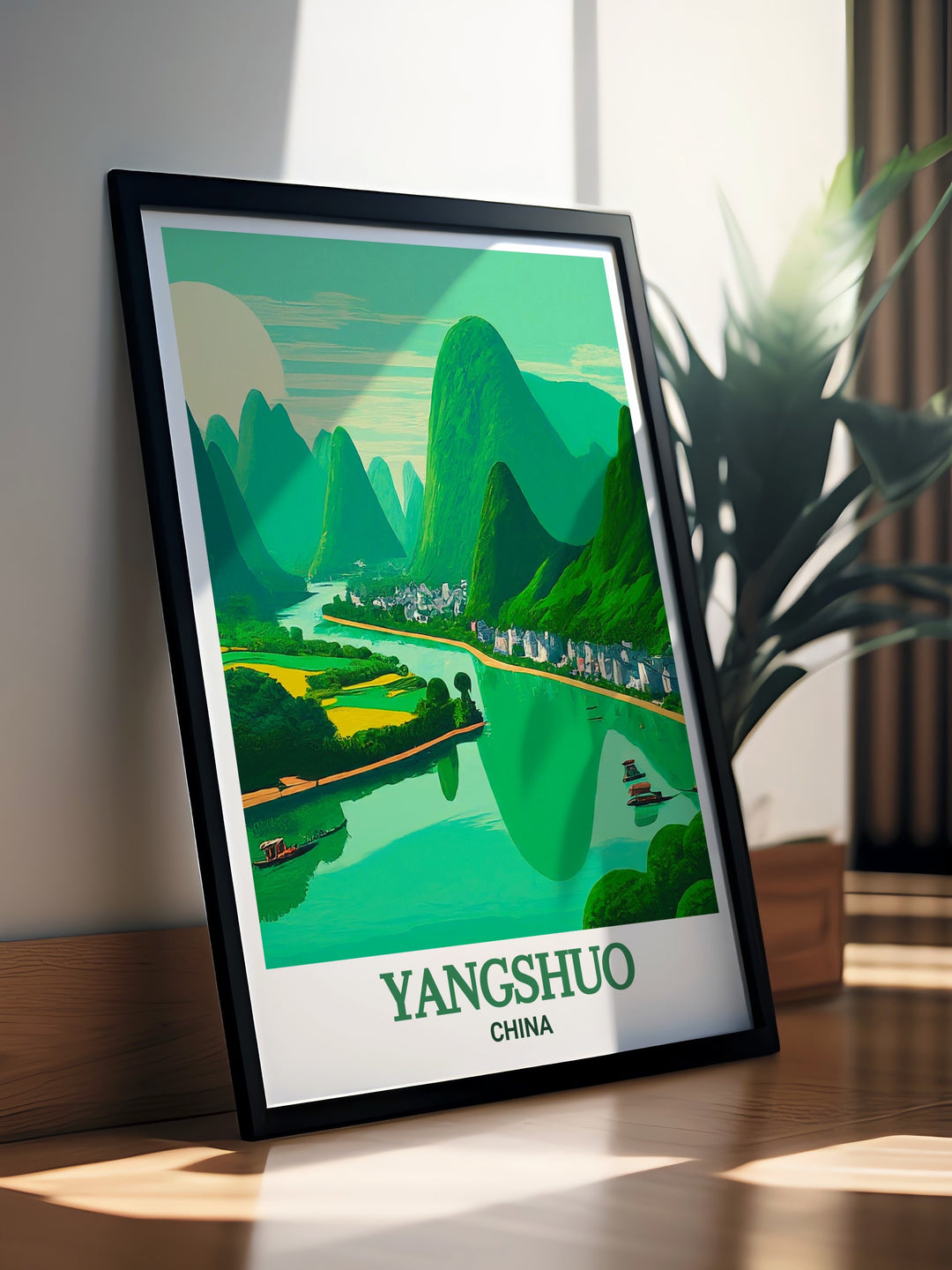 Framed art print of Yangshuos breathtaking landscape, featuring the towering limestone peaks and the serene Li River. This piece is perfect for those who appreciate nature and seek to bring a touch of Chinas stunning scenery into their home.