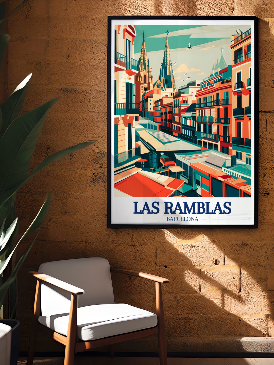 Spain travel poster showcasing the lively Las Ramblas street in Barcelona, with its rich street culture, performers, and bustling crowds. This poster is a wonderful gift for those who want to bring the dynamic energy of Barcelona into their home, perfect for any Spain inspired decor.