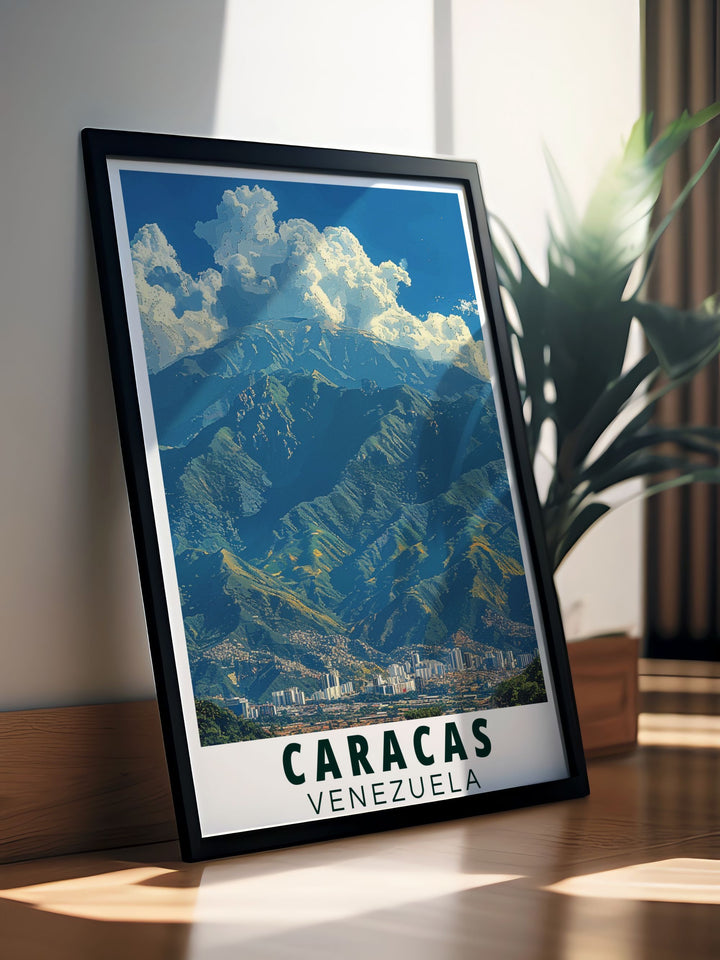 Highlighting the serene beauty of Avila Mountain and the vibrant culture of Caracas, this travel poster is perfect for those who appreciate the natural and cultural richness of Venezuela.