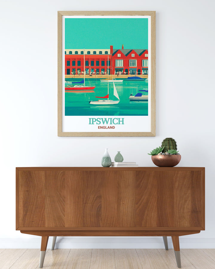 Ipswich Waterfront artwork is a stunning addition to your home decor offering a glimpse into the beauty of Englands coastal architecture. This UK wall art brings a unique touch to any room and makes a thoughtful England travel gift.