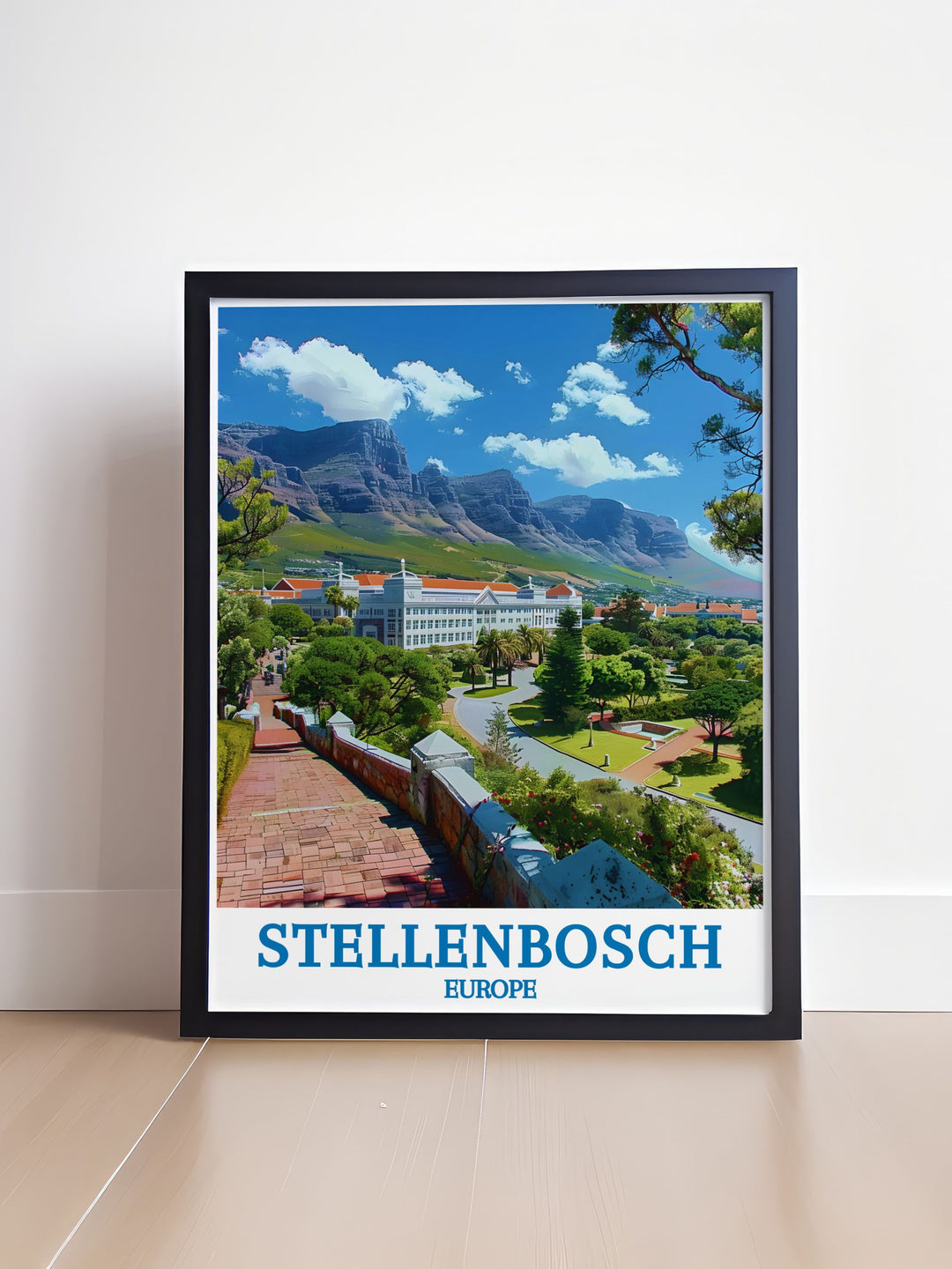 Embrace the educational and historical significance of Stellenbosch with this travel poster, depicting the universitys beautiful grounds and stately buildings.