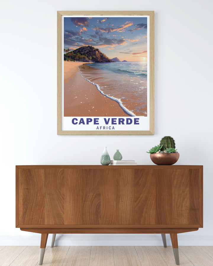 The Cape Verde canvas art highlights Santa Maria Beachs serene beauty with its clear waters and endless horizons. Perfect for coastal lovers, this artwork captures the peaceful atmosphere of the beach, adding a calming presence to any room in your home.