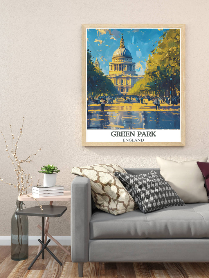 Artistic depiction of Constitution Hill in London highlighting its connection to Green Park and Buckingham Palace ideal for those looking to enhance their living space with unique and historical travel posters