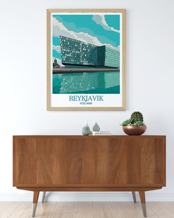 Reykjavik travel poster featuring the dynamic Harpa Concert Hall, a symbol of Icelands vibrant arts scene, set against the backdrop of the citys unique landscape. This vintage style wall poster adds a touch of modern elegance to any room.