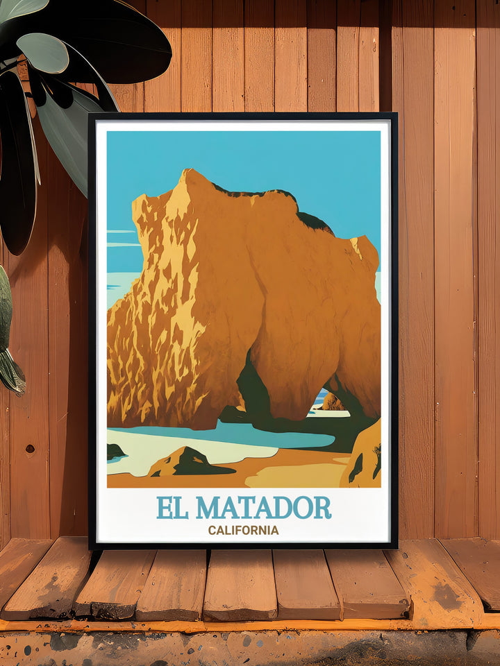 El Matador Art Print showcases the serene and natural beauty of one of Californias hidden beach gems. Featuring the iconic sea caves and rugged cliffs, this artwork is ideal for coastal enthusiasts and beach lovers looking to add a touch of nature to their home.