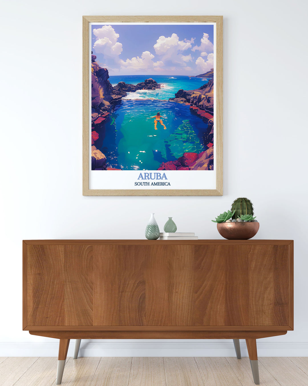 Aruba art print highlighting the natural beauty and vibrant colors of the Natural Pool an ideal piece for nature lovers and adventurers looking to bring a touch of the Caribbean into their homes with high quality fine line artwork