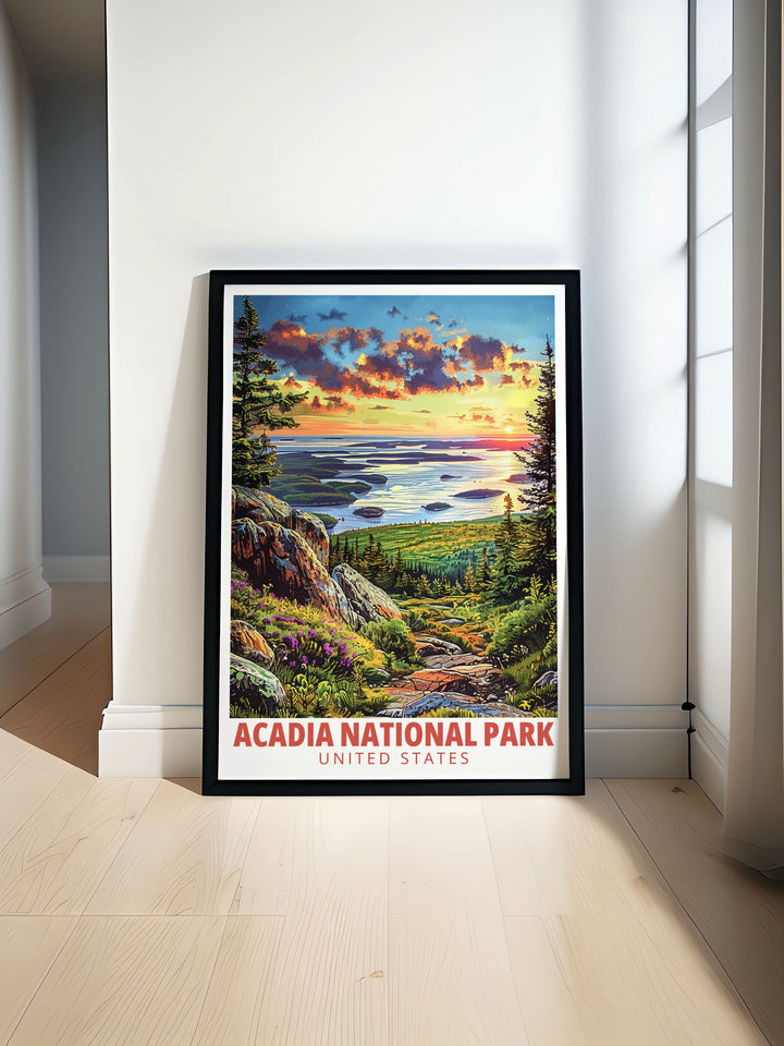 Beautiful Acadia National Park poster featuring Cadillac Mountain in retro travel style perfect for adding a touch of nature to any room. Ideal for nature lovers and national park enthusiasts looking to elevate their living space.