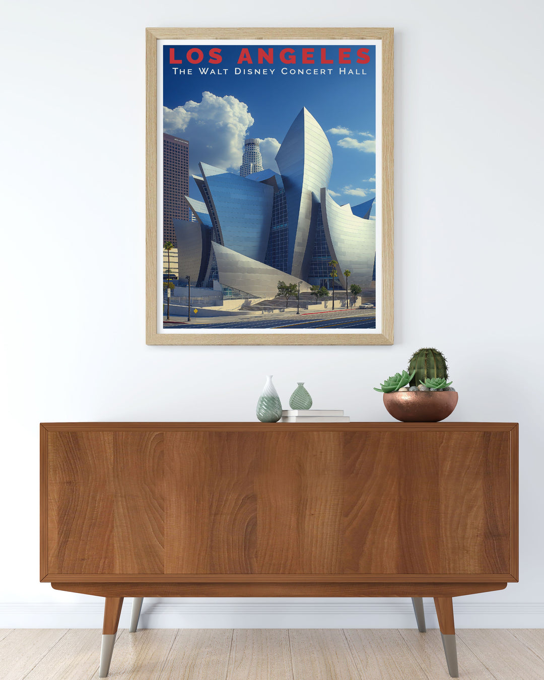 Featuring the picturesque Walt Disney Concert Hall, this poster offers a visual representation of one of Californias most beloved architectural landmarks, ideal for art and architecture enthusiasts.