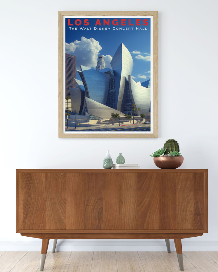 Featuring the picturesque Walt Disney Concert Hall, this poster offers a visual representation of one of Californias most beloved architectural landmarks, ideal for art and architecture enthusiasts.