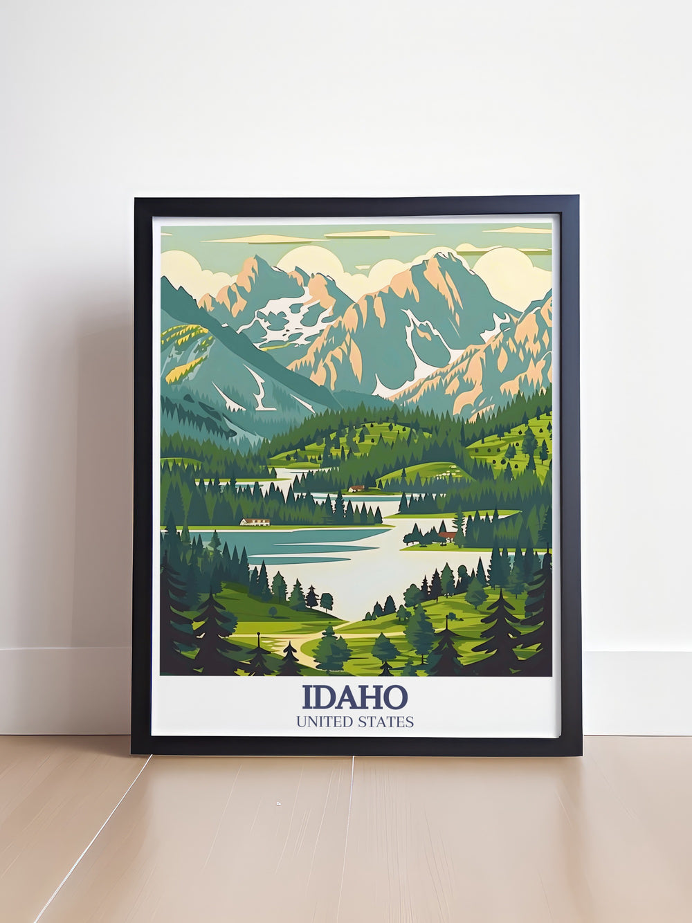 An Idaho wall poster that brings the grandeur of the Sawtooth National Recreation Area and Hells Canyon into your home. This travel art print is perfect for adding a touch of wilderness to your decor or as a thoughtful gift for nature lovers.