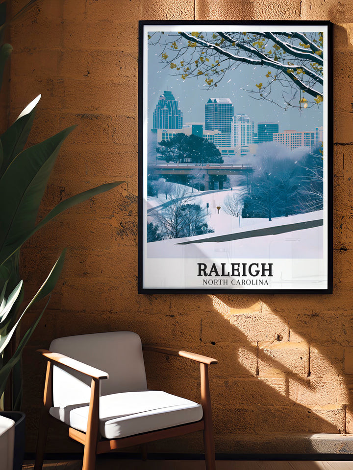 Vivid Raleigh skyline print capturing the architectural splendor of Raleigh and the peaceful charm of Chapel Hill. The detailed artwork offers a daily connection to North Carolinas most iconic locations, making it a cherished piece for any home decor