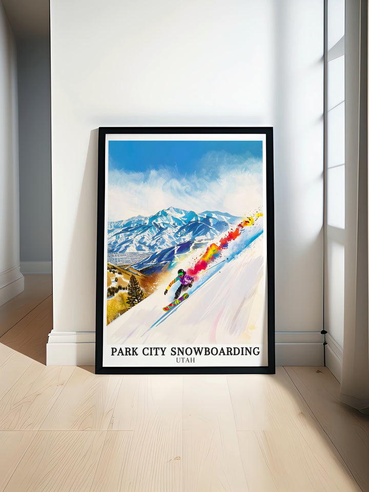 Park City Mountain Resort snowboarding. Featuring dynamic action and stunning views of the Wasatch Range, these prints bring the thrill of Park City Mountain Resorts snowboarding trails into your home.