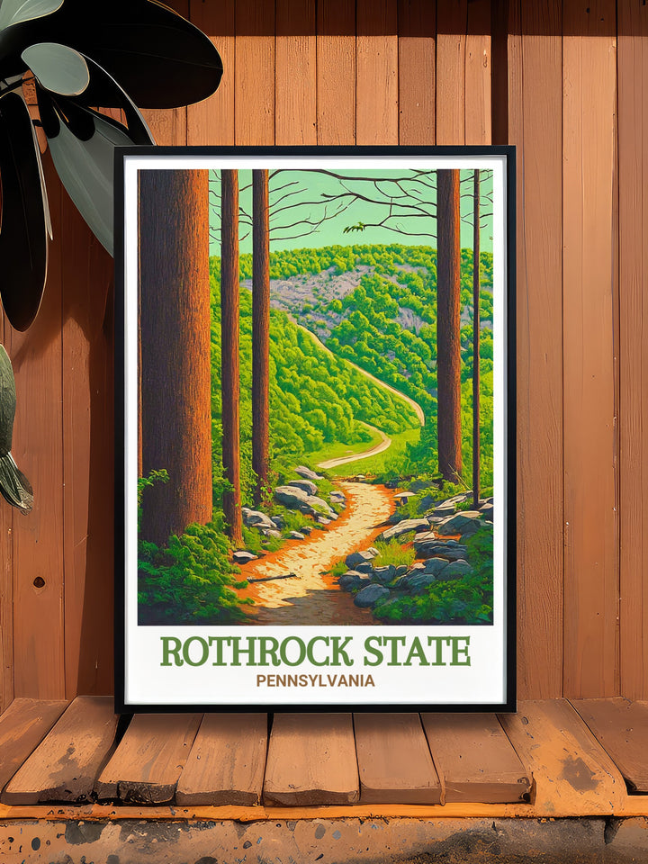 A stunning art print of Rothrock State Forest, highlighting the scenic trails that wind through Pennsylvanias breathtaking landscape. Perfect for nature lovers and outdoor enthusiasts, this artwork makes an ideal gift or home decor piece.