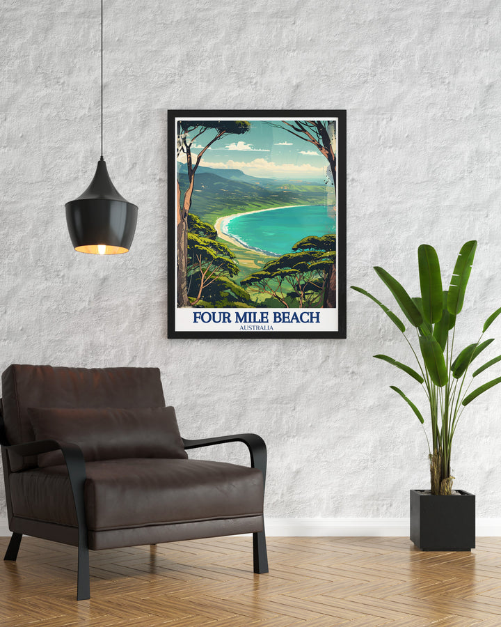 This Four Mile Beach poster print captures the serene beauty of one of Australias most iconic coastlines, with golden sands stretching into the vibrant blue of the Coral Sea. Perfect for beach lovers and those who cherish coastal scenery, this art print is a must have for any home decor.