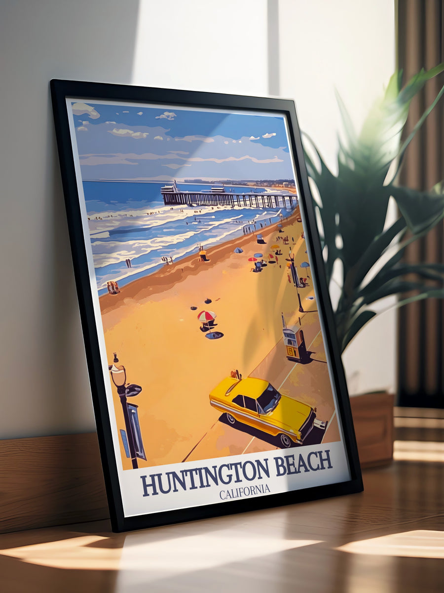 Huntington Beach State Park is highlighted in this travel poster, with the beautiful Pacific Ocean in the background. This California artwork adds a refreshing touch to any room, making it a perfect gift or home decor piece.