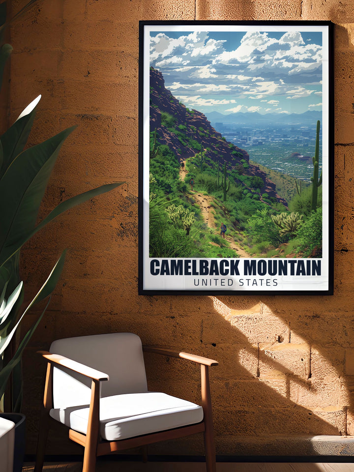 Celebrate the beauty of Arizona with this Cholla Trail poster. Featuring Mt. Camelback this Arizona artwork is perfect for wall decor adding a touch of the states natural wonders to your living space. Ideal for travel enthusiasts and art lovers alike.
