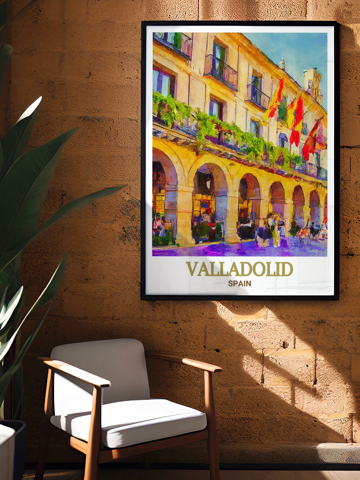 Capture the essence of Valladolids Plaza Mayor with this stunning travel print. Featuring the colorful buildings and unique design of one of Spains most iconic plazas, this art print offers a vivid portrayal of Spanish heritage, ideal for home décor or as a special travel gift.