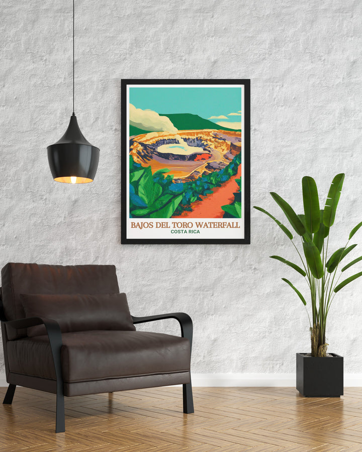 A detailed art print featuring the majestic Bajos del Toro Waterfall in Costa Rica surrounded by lush rainforest vegetation. The vibrant colors and intricate details make it a perfect piece for nature lovers looking to add a touch of tropical beauty to their home décor.