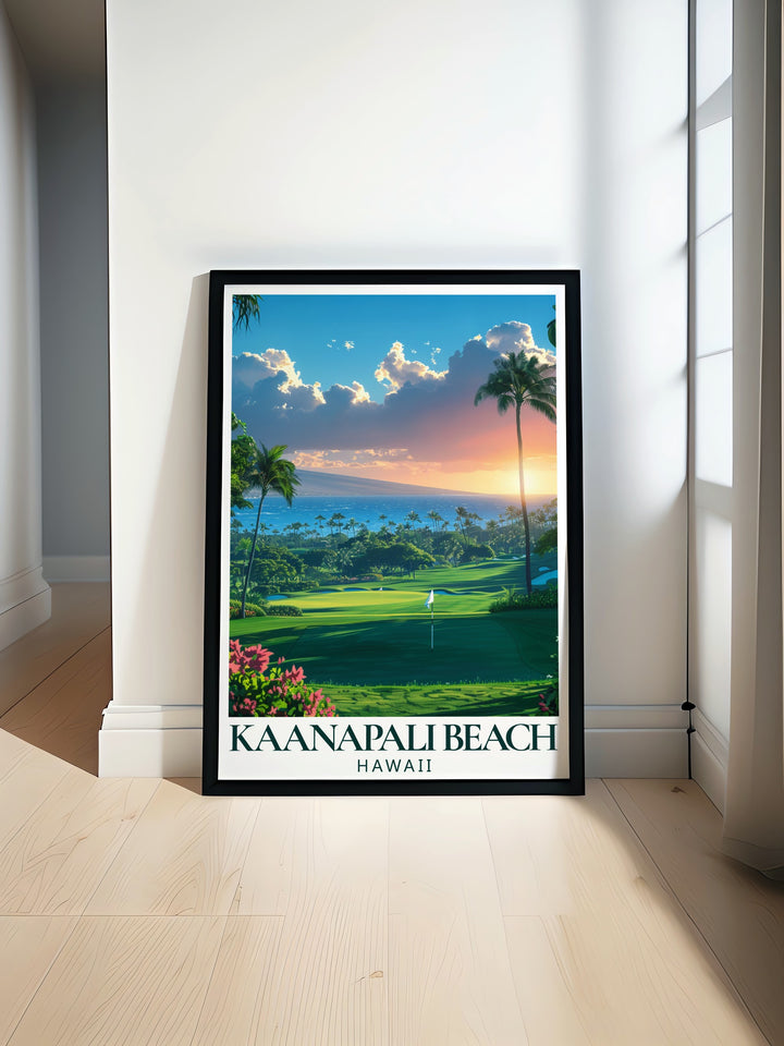 Kaanapali Beach travel poster featuring the clear waters, swaying palm trees, and golden sands of one of Mauis most iconic destinations. This Hawaii canvas print is perfect for those who love beach themed décor or want to bring the spirit of Hawaii into their homes.