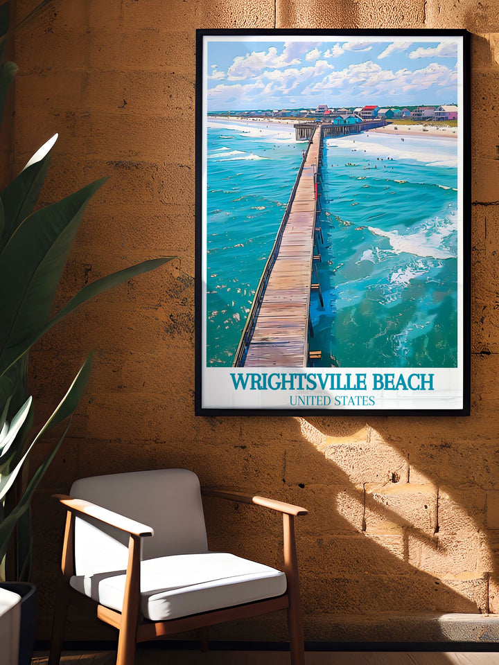 Wrightsville Beach Poster Print featuring Crystal Pier is the perfect way to bring a piece of North Carolinas coast into your living space. This aesthetic poster showcases a timeless design with soft colors and a minimalist approach making it a versatile addition to any room.