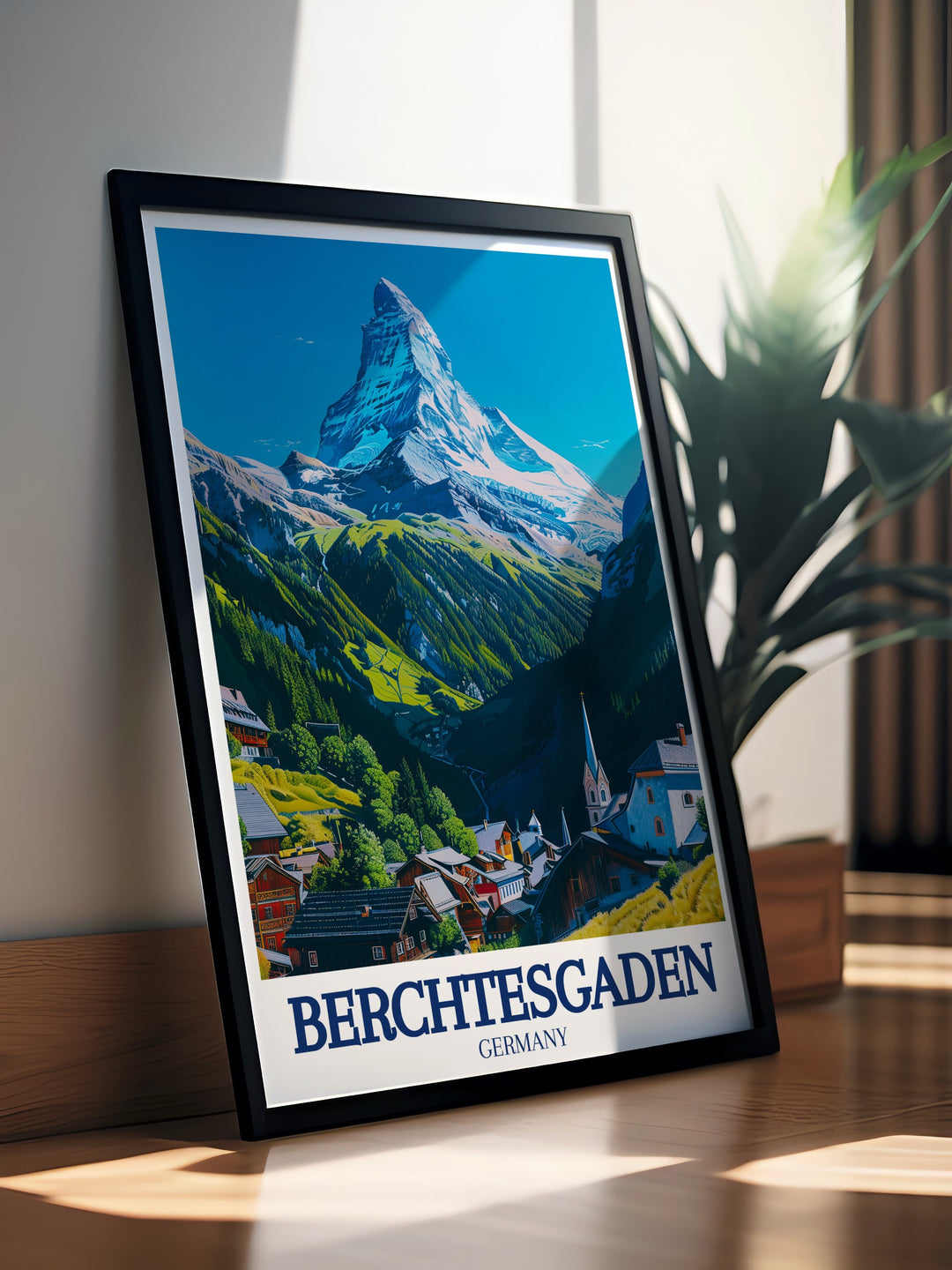 Our Berchtesgaden framed art combines the grandeur of Watzmann mountain with the quaint charm of Ramsau Village. This vintage style poster offers a timeless way to celebrate the beauty of Germanys most iconic landscapes, making it an ideal gift for travelers and nature lovers.