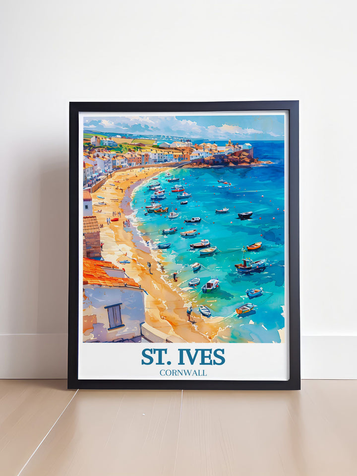 Featuring the stunning landscapes of Porthmeor Beach, this poster invites viewers to explore the serene beauty and vibrant culture of St. Ives.