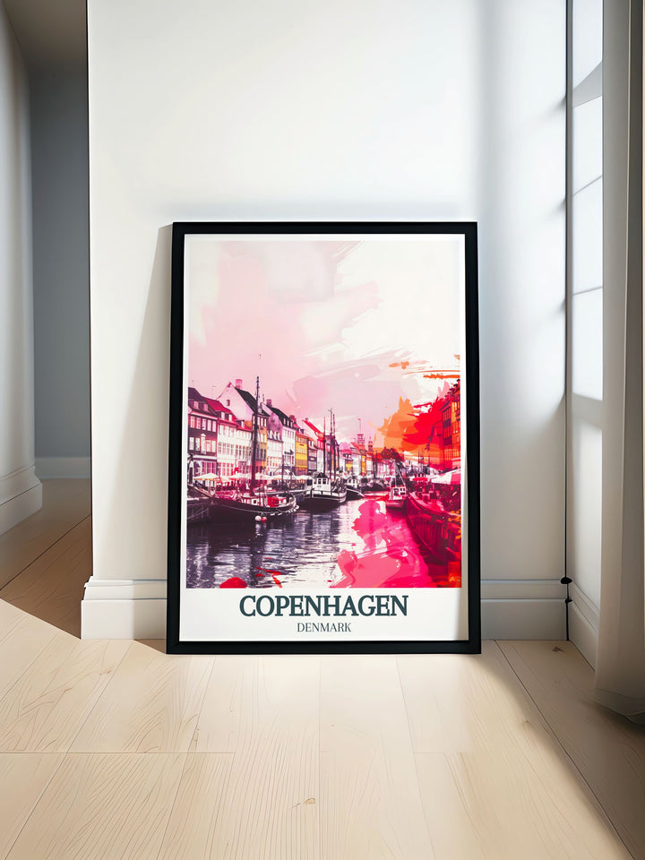 Discover the charm of Nyhavn Indre By with this vibrant Copenhagen Print capturing the colorful buildings and serene canal perfect for enhancing your home decor with a touch of Denmarks historic beauty a great choice for travel enthusiasts and art lovers alike