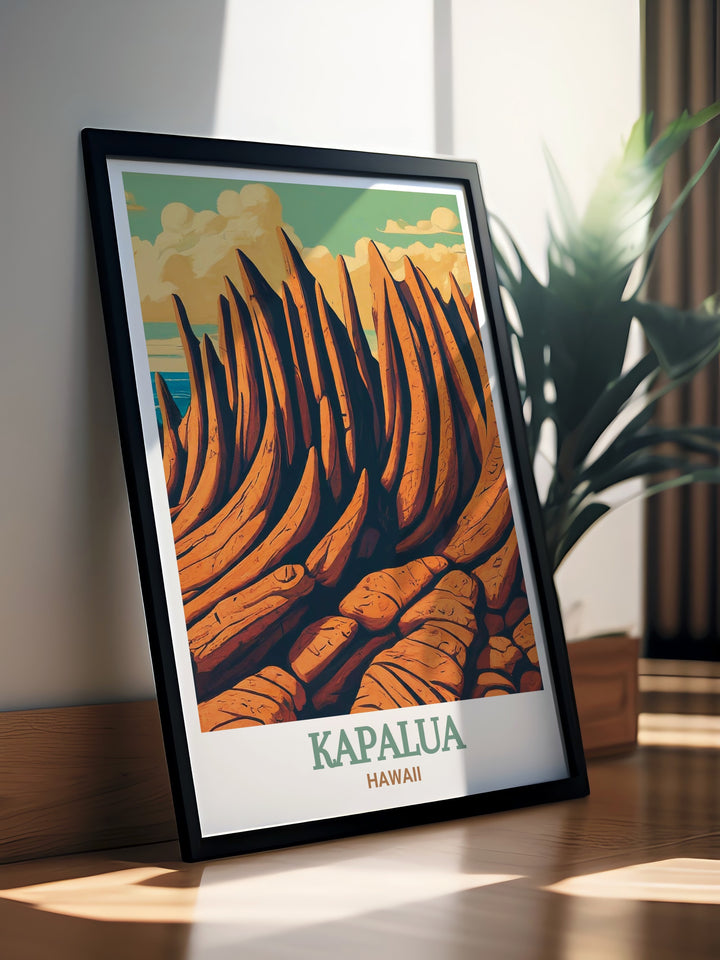 Dragons Teeth and Kapalua golf skyline beautifully depicted in this travel poster print brings the vibrant and serene landscape of Hawaii into your home perfect for those looking to enhance their living space with a touch of the islands timeless decor and personalized gifts