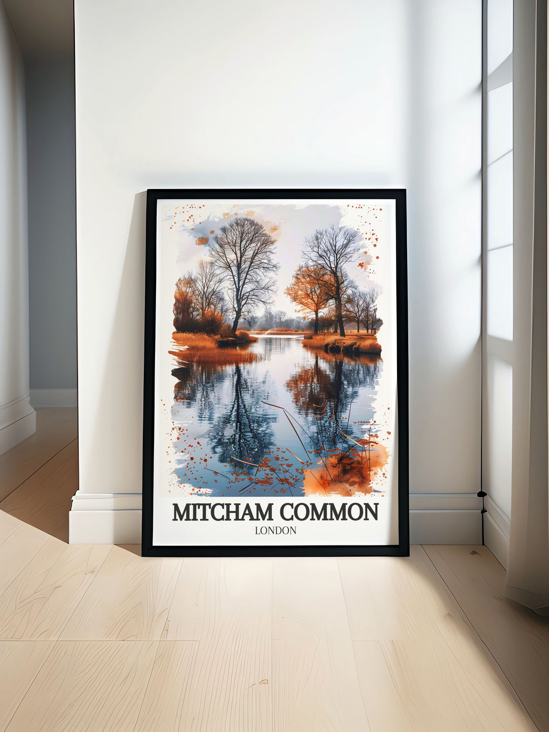 Mitcham common pond modern prints showcase the tranquil beauty of South London perfect for adding a touch of nature to your home decor these prints highlight the serene waters and lush greenery of Mitcham common pond ideal for living room or bedroom wall art