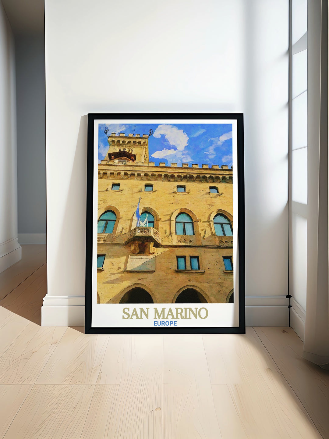 This San Marino wall art highlights the grandeur of the Palazzo Pubblico, a key historical landmark. With its striking design and rich heritage, this travel poster brings the beauty of European architecture into your living space, perfect for art enthusiasts and travelers.