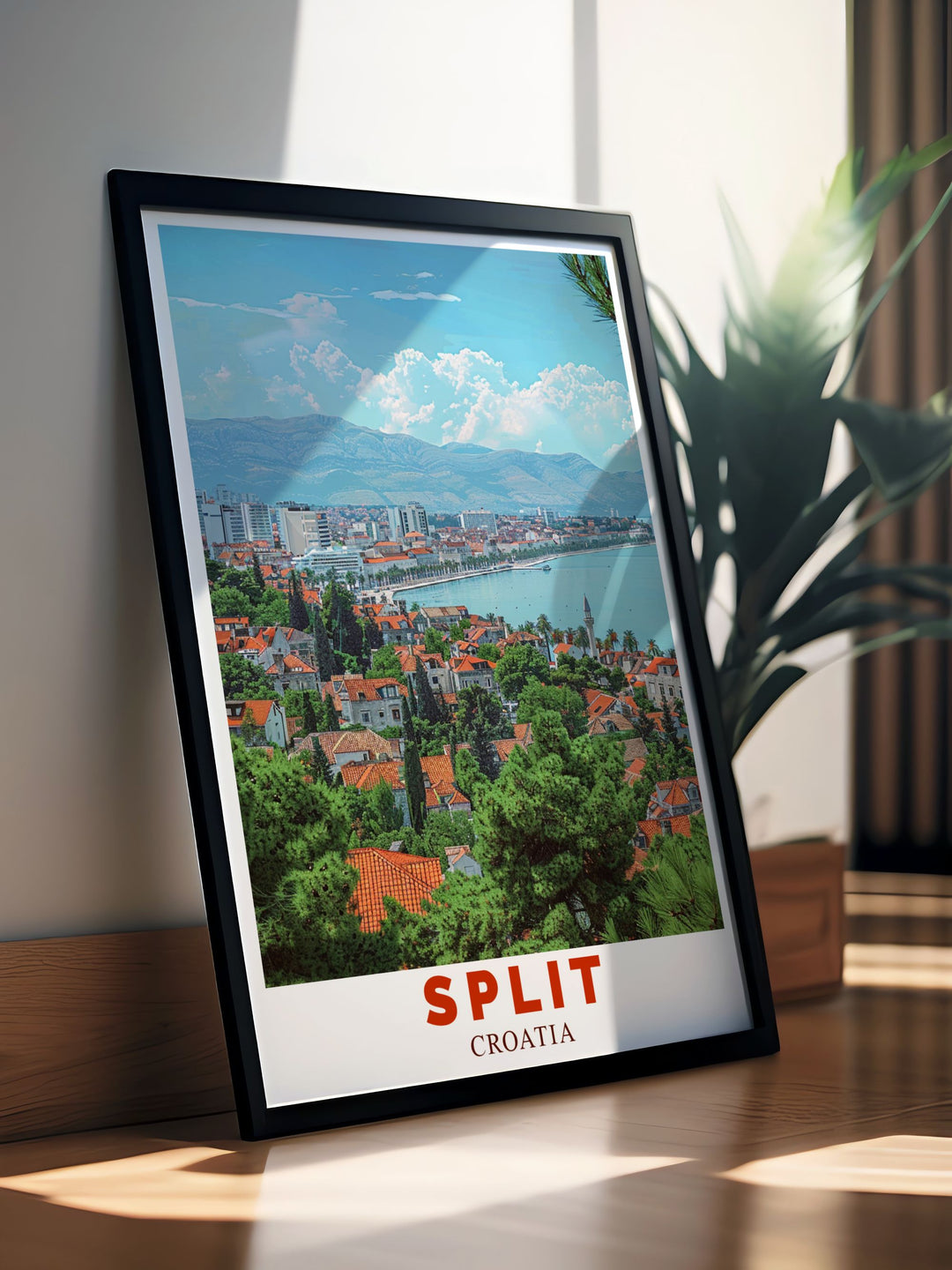Featuring the majestic Marjan Hill, this poster celebrates the unique blend of history and natural beauty in Split, inviting viewers to explore the citys iconic sites and tranquil nature.