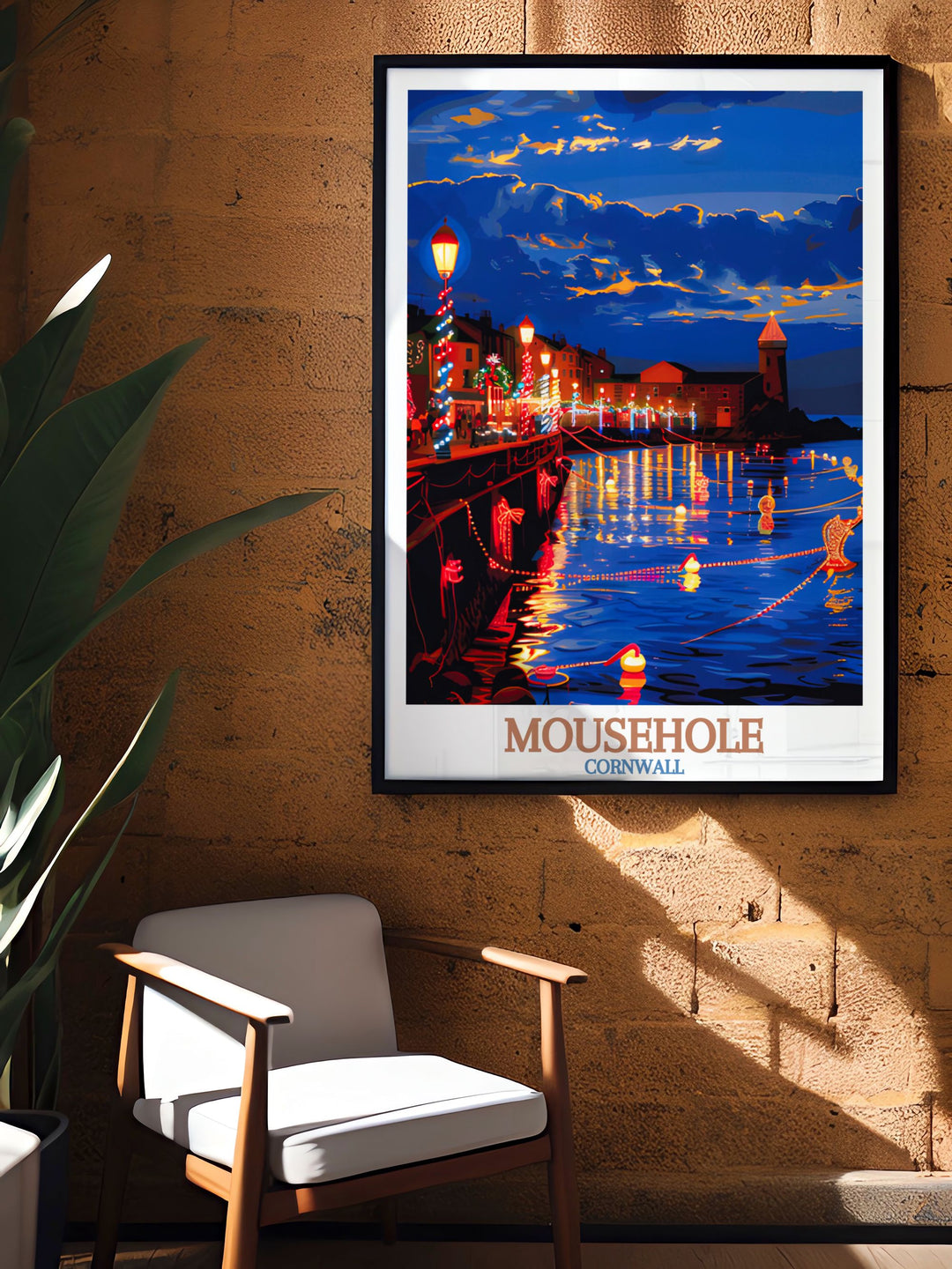 Christmas Lights Modern Prints highlighting the beauty of Mousehole Cornwall perfect for adding a touch of holiday cheer and coastal charm to your home decor a beautiful illustration ideal for any room