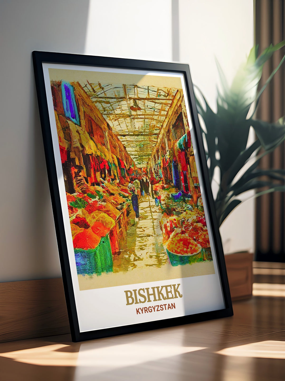 Osh Bazaar Vintage Poster offers a nostalgic look at one of Bishkeks most iconic markets, blending the past and present in a stunning display of cultural heritage. This vintage style print is perfect for those who love historical art and travel posters.