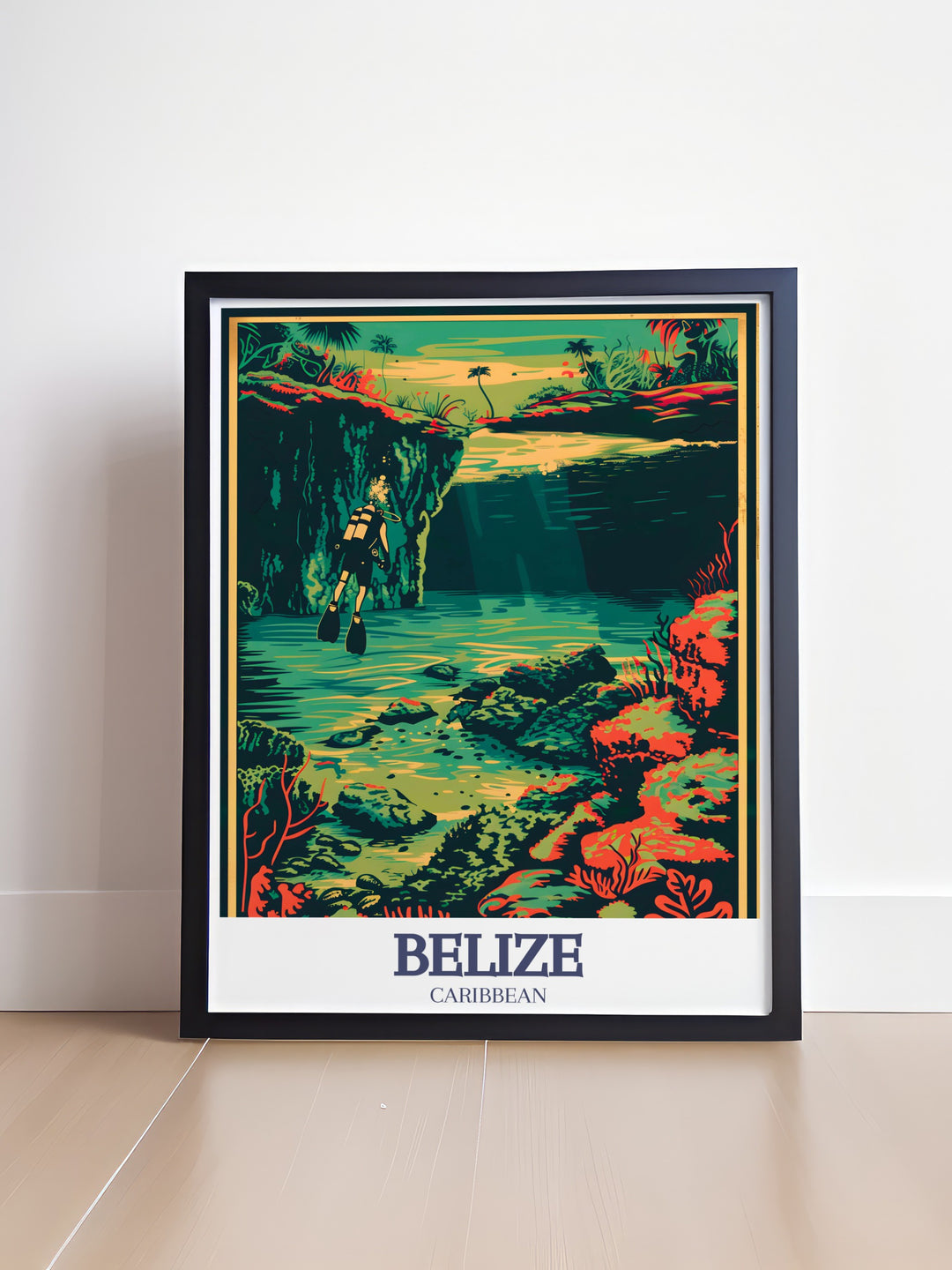 High quality Blue Hole Belize Barrier Reef modern art print featuring detailed and lifelike representation of the vibrant marine life and stunning coastline perfect for enhancing any home or office space