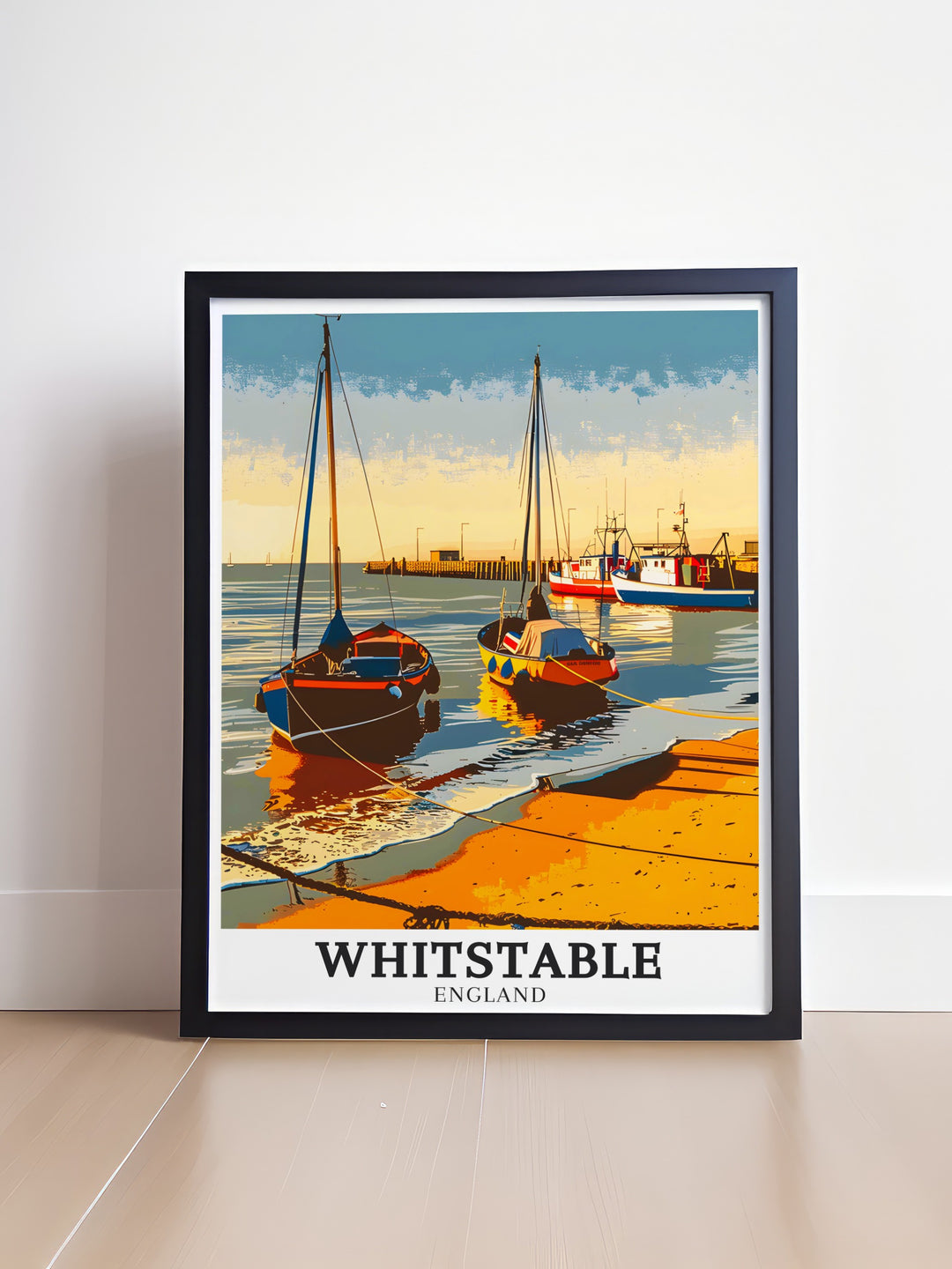 Coastal wall art featuring Whitstable Harbour with its mix of fishing boats, yachts, and pleasure craft. This print adds a touch of coastal elegance to your decor, offering a daily reminder of the beauty of the English seaside.