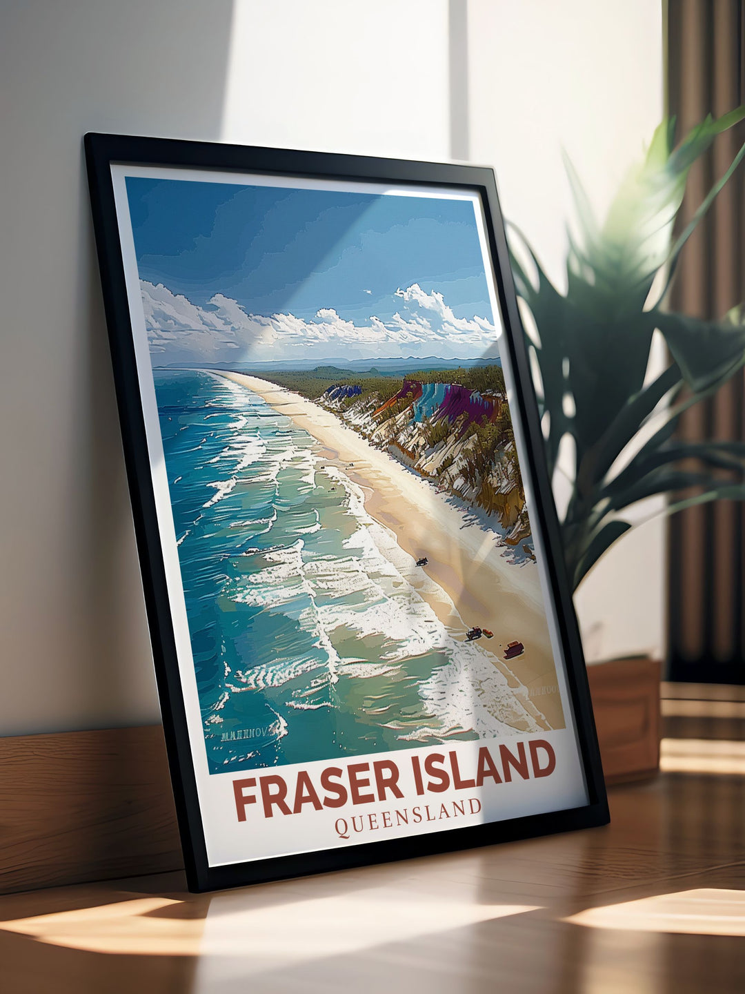 Queenslands Fraser Island and 75 mile beach are celebrated in this elegant travel art print designed to add warmth and style to your living space. With a vintage inspired color palette it is the perfect piece for anyone who loves Australias natural beauty.