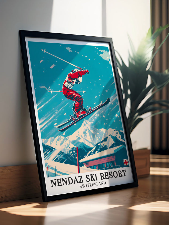 Nendaz Ski Resort Posters. These posters capture the grandeur of Nendaz Ski Resort and the Mont Blanc massif, making them perfect for travel art and home living decor. Ideal for those who love winter sports and mountain scenes.