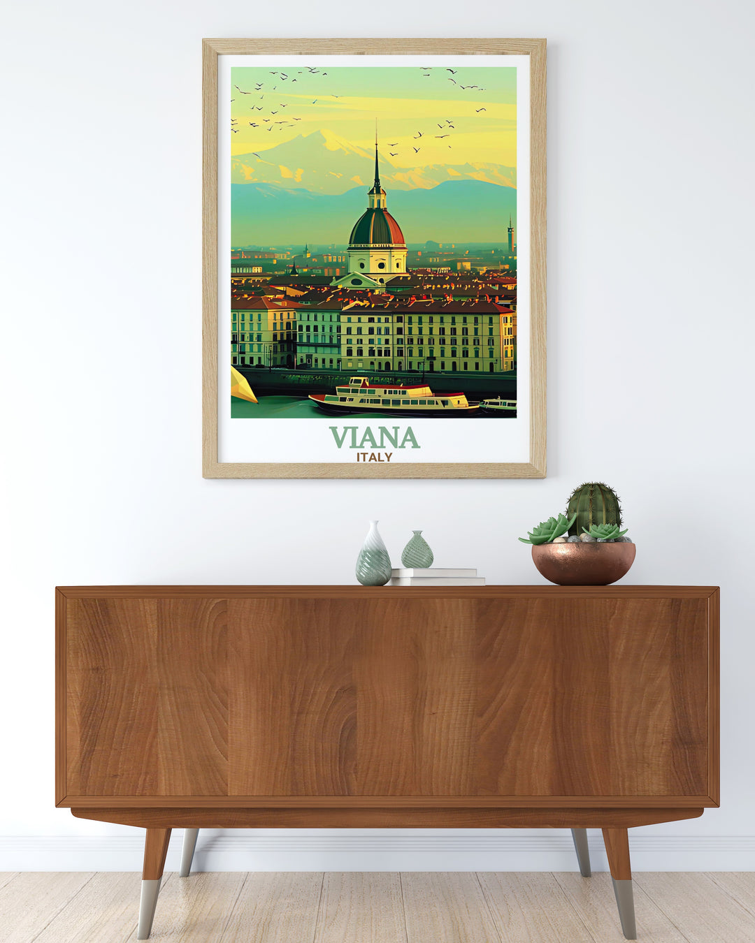 Elegant Viana Castelo print with Mole Antonelliana decor offers a perfect combination of Portugal and Italy wall art suitable for living rooms or offices creating a sophisticated yet culturally rich atmosphere in any space.