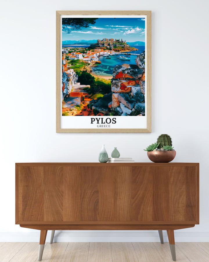 Elevate your living space with this Greece Island Print featuring Navarino Castle Ruins Peloponnese a perfect blend of historical significance and natural beauty making it an eye catching centerpiece in any room