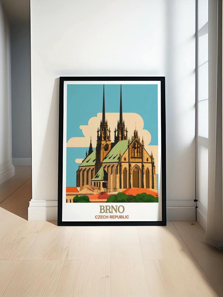 Brno travel poster featuring the Cathedral of St. Peter and Paul modern prints perfect for elegant home décor and stunning living room decor