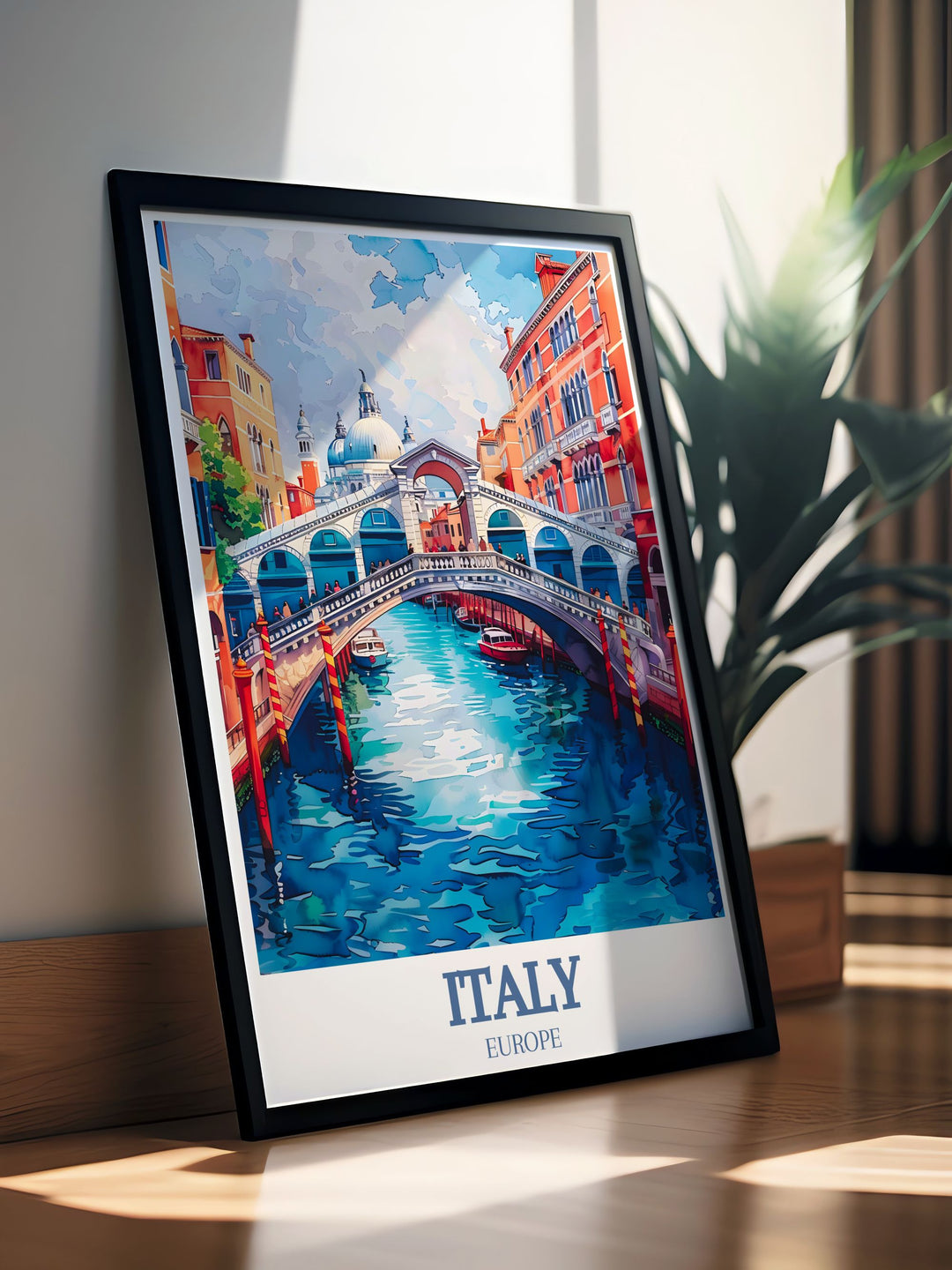 This detailed illustration of Venices Grand Canal, Rialto Bridge, and St. Marks Basilica offers a stunning representation of Italys most iconic landmarks, ideal for travel enthusiasts.